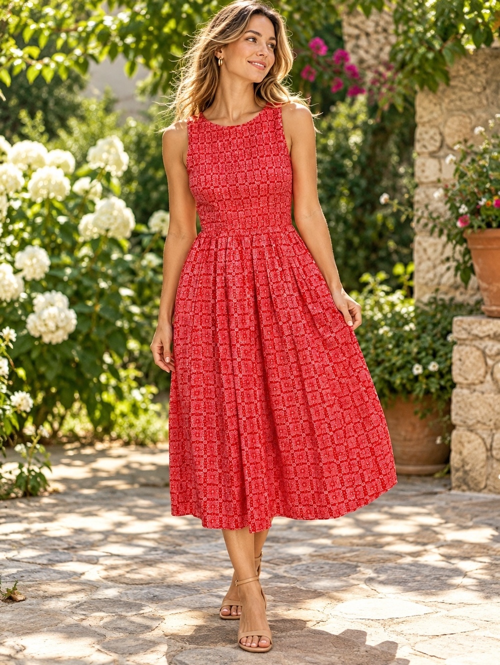 J.Crew Factory Smocked Boatneck Midi Dress Cerise Lotus Bloom, XS